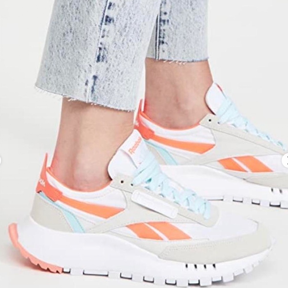 Reebok size 8 womens trainers. White, light blue, coral, and white
